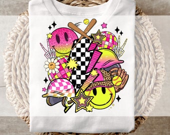 Transferencia DTF, lista para imprimir, transferencias para camisetas, transferencia térmica, directa a película, transferencia DTF para softbol, softbol retro disco directa a película