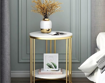 Weißer Marmor Beistelltisch Runder Nachttisch 2-stufiger Couchtisch Moderner Goldmetallakzenttisch Schlafzimmer Wohnzimmer Lagerung