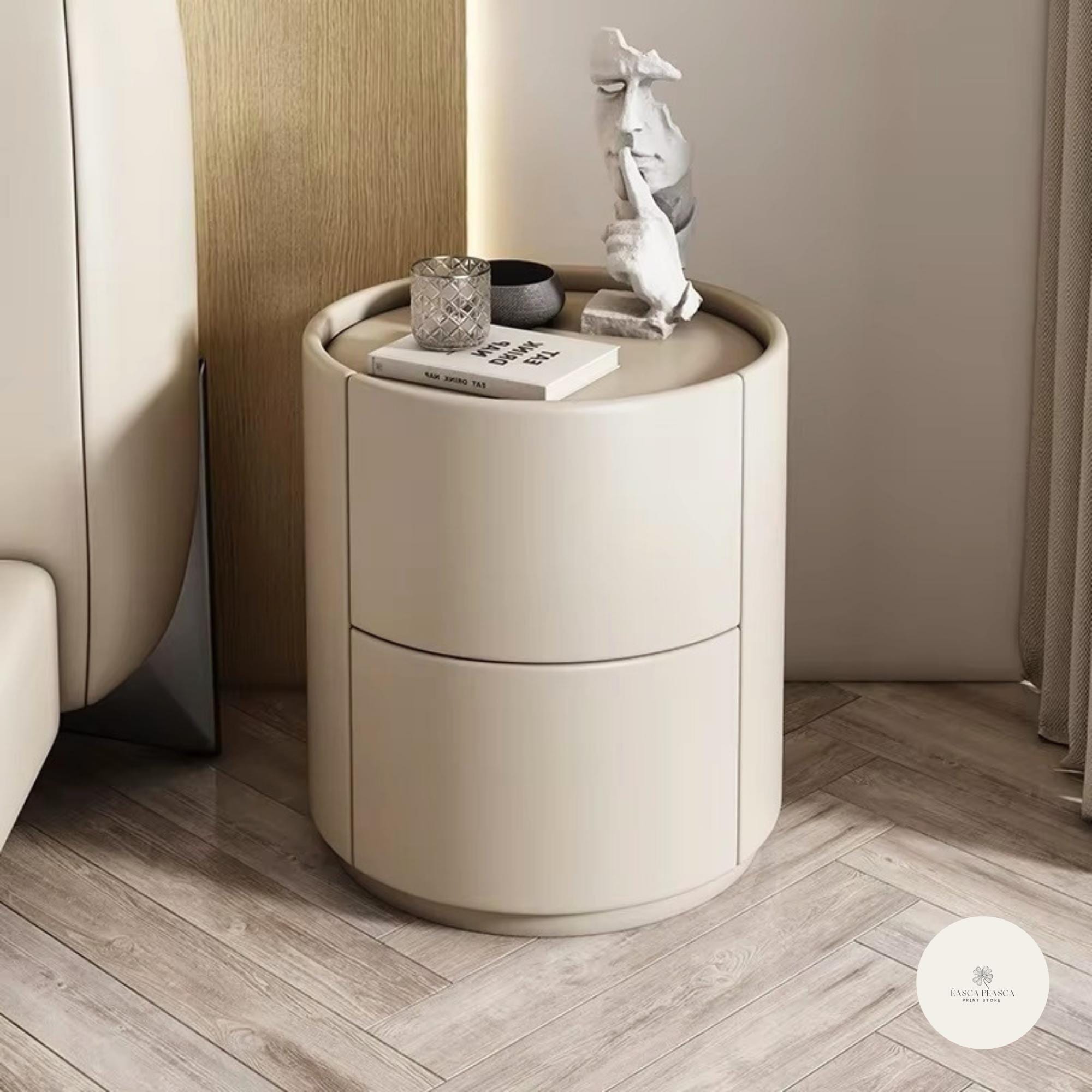 Round Nightstand Modern Bedside Table Solid Wood Side Cabinet ...