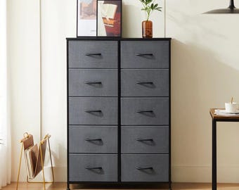 Cómoda de tela con 10 cajones, mueble de almacenamiento, mesita de noche, organizador, estructura de acero, almacenamiento de ropa para dormitorio, muebles modernos para el hogar.
