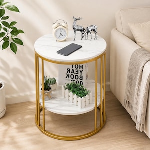 Marble Side Table Round Gold End Table 2 Tier Nightstand Modern Coffee Table Bedside Storage Living Room Decor