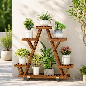 Soporte de madera para plantas de interior, estante multinivel para macetas, estante rodante para plantas, soporte triangular para plantas, almacenamiento y exhibición de jardín.