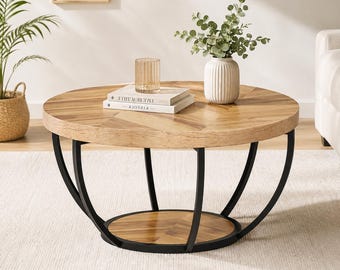 Round Coffee Table Industrial Wood Coffee Table 2 Tier Storage Shelf Living Room Table Modern Wooden Center Table