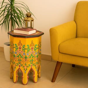 Hand-painted yellow table, Arabic wooden table, Moroccan side table.