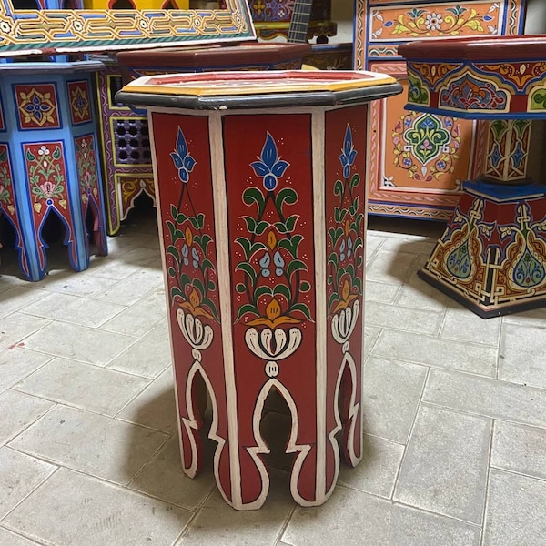 Moroccan wooden side table, Hand-painted table, hexagonal table, Decoration, Arabic red wooden bedside table.