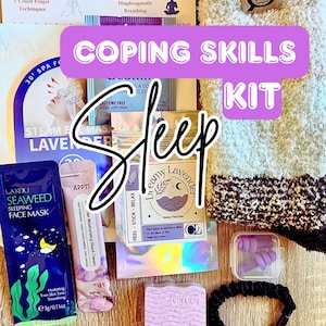 May include: A sleep kit containing items for relaxation and stress relief. The kit includes a lavender face mask, sleep patches, earplugs, a hair tie, and a lavender-scented soap. Also included are fuzzy socks and a booklet on breathing techniques. The text "COPING SKILLS KIT" is visible.