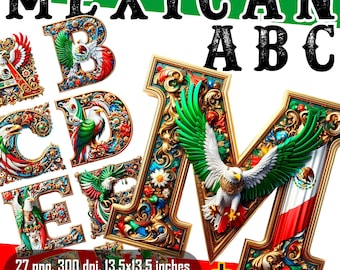 Abecedario Mexicano Ornamental | Alfabeto Español con Ñ | 27 Letras con Transparencia PNG, 300dpi, 4096px, 34.6cm