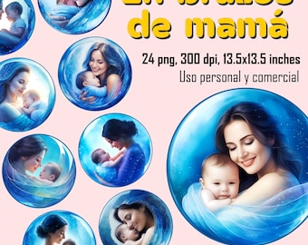 24 imágenes PNG de madres abrazando a su bebé, estilo acuarela, tono azul | PNG transparente | Descarga digital instantánea | Uso comercial.