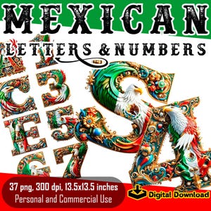 Puede incluir: 37 imágenes digitales de letras y números en estilo mexicano. Las letras y los números son dorados con acentos verdes, rojos y blancos. Cada imagen mide 13,5 pulgadas por 13,5 pulgadas y 300 dpi.