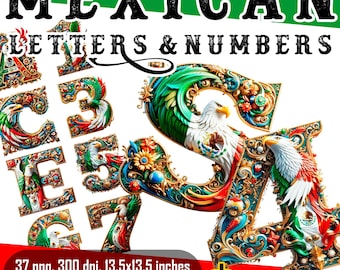 Abecedario y Números Mexicanos Ornamentales PNG | 27 Letras + 10 Dígitos con Transparencia | Diseño Barroco 300dpi 4096px