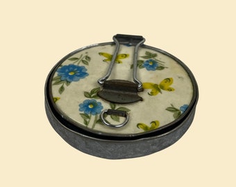 1960s floral compact mirror, vintage 60s double pocket mirror w/ blue & green novelty butterfly pattern