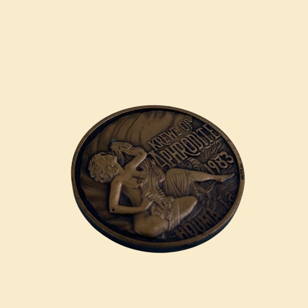 Vintage Mardi Gras doubloon, 1983 / 1984 Krewe of Aphrodite, Houma Louisiana, copper colored metal doubloon