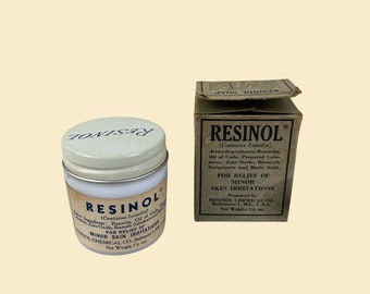 1920s Resinol Soap jar w/ contents, vintage/antique Resinol soap in milk glass jar