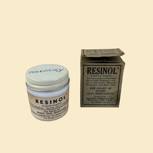 1920s Resinol Soap jar w/ contents, vintage/antique Resinol soap in milk glass jar