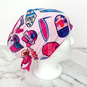 Pink Surfboard Scrub Cap | Summer Patch Beach Ocean Stretchy Scrub Hat, Nurse Doctor Gift, Jersey Knit, Mens and Womens Surgical Euro