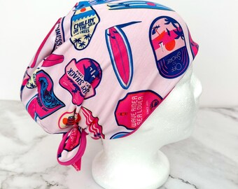 Pink Surfboard Scrub Cap | Summer Patch Beach Ocean Stretchy Scrub Hat, Nurse Doctor Gift, Jersey Knit, Mens and Womens Surgical Euro