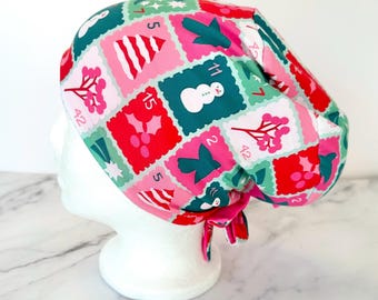 Christmas Stamps Scrub Cap | Candy Cane Snowman, Stretchy Scrub Hat, Nurse Hero Hat, Jersey Knit, Mens and Womens Surgical Euro