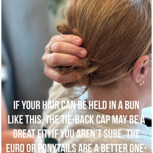 a close-up of a person's head with their hair tied back in a bun, and there is text overlaid on the image providing advice about hair accessories.