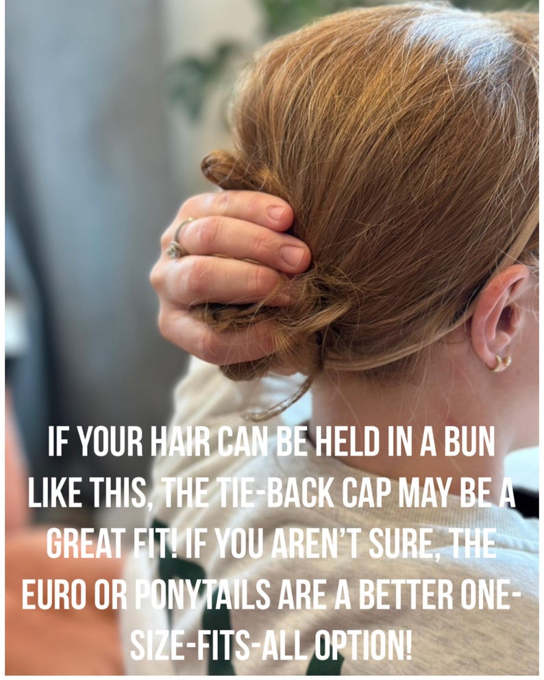 a close-up of a person's head with their hair tied back in a bun, and there is text overlaid on the image providing advice about hair accessories.