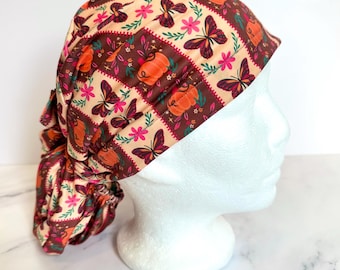 Pumpkin Stripe Scrub Cap | Thanksgiving Monarch Butterfly Stretchy Scrub Hat, Nurse Doctor Gift, Jersey Knit, Mens and Womens Surgical Euro