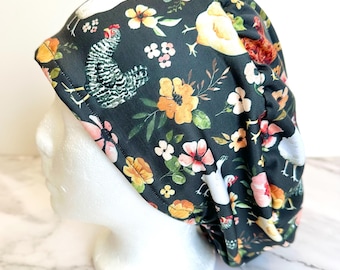 Chicken Scrub Cap | Stretchy Hat, Farm Flower, Hero Hat, Jersey Knit, Mens and Womens Surgical