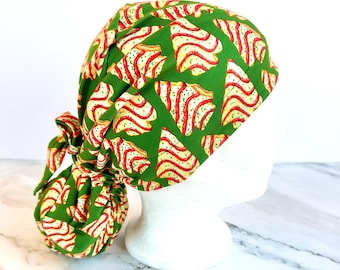 Tree Cakes Scrub Cap | Christmas Stretchy Scrub Hat, Nurse Hero Hat, Jersey Knit, Mens and Womens Surgical Euro