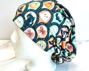 Halloween Scallop Scrub Cap | Pastel Bows Ghosts Black Cat, Stretchy Scrub Hat, Nurse Gift, Jersey Knit, Mens and Womens Surgical Euro