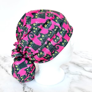 Black Cats Scrub Cap | Halloween Hot Pink Stretchy Scrub Hat, Hero Hat, Jersey Knit, Mens and Womens Surgical Euro
