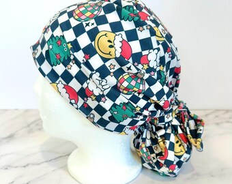 Christmas Checker Scrub Cap | Happy Groovy Stretchy Scrub Hat, Nurse Doctor Gift, Jersey Knit, Mens and Womens Surgical Euro
