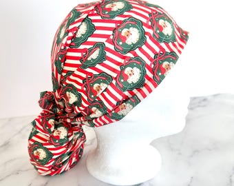 Vintage Santa Scrub Cap | Candy Cane Stretchy Scrub Hat, Nurse Christmas Candy Cane, Hero Hat, Jersey Knit, Mens and Womens Surgical Euro