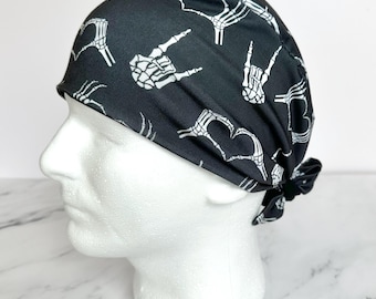 Skeleton Hands Scrub Cap (Black) | IN HOUSE DESIGN, Skeletons Stretchy Scrub Hat, Nurse Gift, Jersey Knit, Mens and Womens Surgical Euro