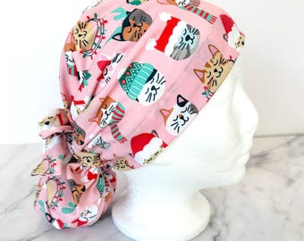 Christmas Cats Scrub Cap | Pink Holiday Festive Stretchy Scrub Hat, Nurse Doctor Gift, Hero Hat, Jersey Knit, Mens and Womens Surgical Euro