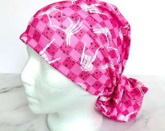 Skeleton Hands Scrub Cap (Pink) | IN HOUSE DESIGN, Skeletons Stretchy Scrub Hat, Nurse Gift, Jersey Knit, Mens and Womens Surgical Euro