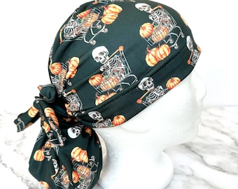 Silly Skeletons Scrub Cap (Black) | IN HOUSE DESIGN, Pumpkins Stretchy Scrub Hat, Nurse Gift, Jersey Knit, Halloween Surgical Cap