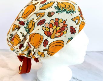 Thanksgiving Scrub Cap | Pumpkin Pie Turkey Stretchy Scrub Hat, Nurse Doctor Gift, Jersey Knit, Mens and Womens Surgical Euro