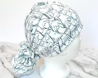 Ghost Scrub Cap | Off White Doodle Halloween Skulls, Stretchy Scrub Hat, Nurse Gift, Jersey Knit, Mens Womens Surgical Cap