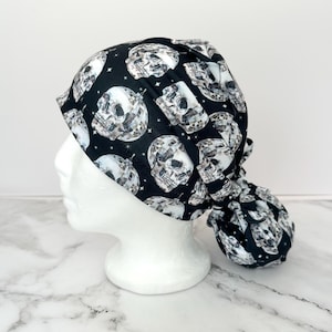 Disco Skulls Scrub Cap (Black) | IN HOUSE DESIGN, Skeletons Stretchy Scrub Hat, Nurse Gift, Jersey Knit, Mens and Womens Surgical Euro