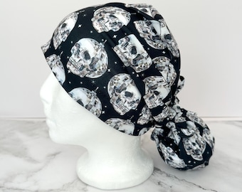 Disco Skulls Scrub Cap (Black) | IN HOUSE DESIGN, Skeletons Stretchy Scrub Hat, Nurse Gift, Jersey Knit, Mens and Womens Surgical Euro