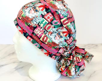Cool Santa Scrub Cap | Collage Ho Ho Ho Stretchy Scrub Hat, Nurse Christmas Candy Cane, Hero Hat, Jersey Knit, Mens and Womens Surgical Euro