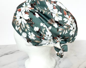 Sage Magnolia Scrub Cap |  Stretchy Scrub Hat, Winter Fall Floral, Hero Hat, Jersey Knit, Mens and Womens Surgical Euro