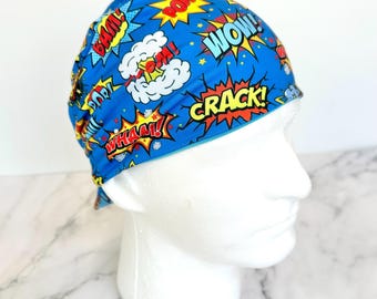 Superhero Scrub Cap, Blue | IN HOUSE DESIGN, Stretchy Scrub Hat, Nurse Doctor Gift, Hero Hat, Jersey Knit, Mens and Womens Surgical Euro