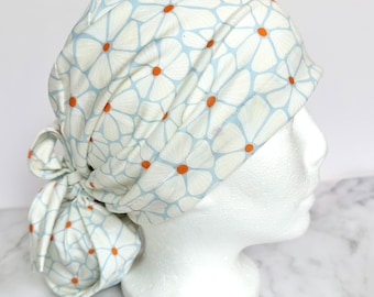 Mosaic Floral Scrub Cap | Stretchy Hat, Dusty Blue Groovy Flower, Hero Hat, Jersey Knit, Mens and Womens Surgical