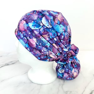 Purple Seashell Scrub Cap | Summer Glitter Beach Ocean Stretchy Scrub Hat, Nurse Doctor Gift, Jersey Knit, Mens and Womens Surgical Euro