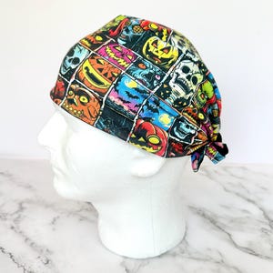 Halloween Comic Scrub Cap | IN HOUSE DESIGN, Creepy Pumpkin Skulls, Stretchy Scrub Hat, Nurse Gift, Jersey Knit, Mens Womens Surgical Cap