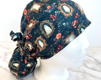 Ghost Portrait Scrub Cap | Halloween Vintage Floral, Stretchy Scrub Hat, Nurse Gift, Jersey Knit, Mens Womens Surgical Cap