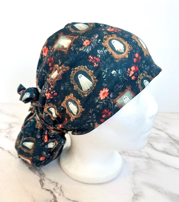 Ghost Portrait Scrub Cap | Halloween Vintage Floral, Stretchy Scrub Hat, Nurse Gift, Jersey Knit, Mens Womens Surgical Cap