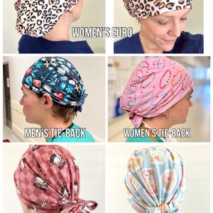 The image is a collage of six different head wrap styles, each with a unique pattern and color. The head wraps are labeled as "Women's Euro", "Men's Tie-Back", "Women's Tie-Back", "tie ponytail", and "Scrunchie Ponytail".