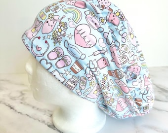 Blue Kawaii Scrub Cap, Green | IN HOUSE DESIGN Stretchy Scrub Hat, Nurse Doctor Gift, Jersey Knit, Mens and Womens Surgical Euro