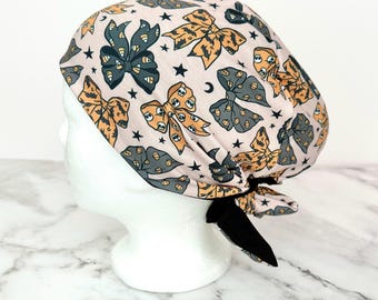 Halloween Bows Scrub Cap | Coquette Stretchy Scrub Hat, Nurse Doctor Gift, Jersey Knit, Mens and Womens Surgical Euro