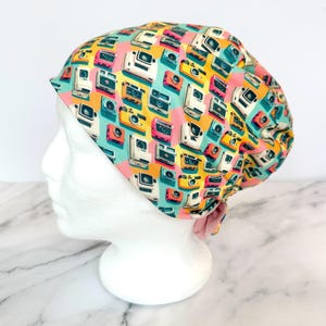 Retro Cameras Scrub Cap | Vintage Summer Stretchy Scrub Hat, Nurse Doctor Gift, Hero Hat, Jersey Knit, Mens and Womens Surgical Euro